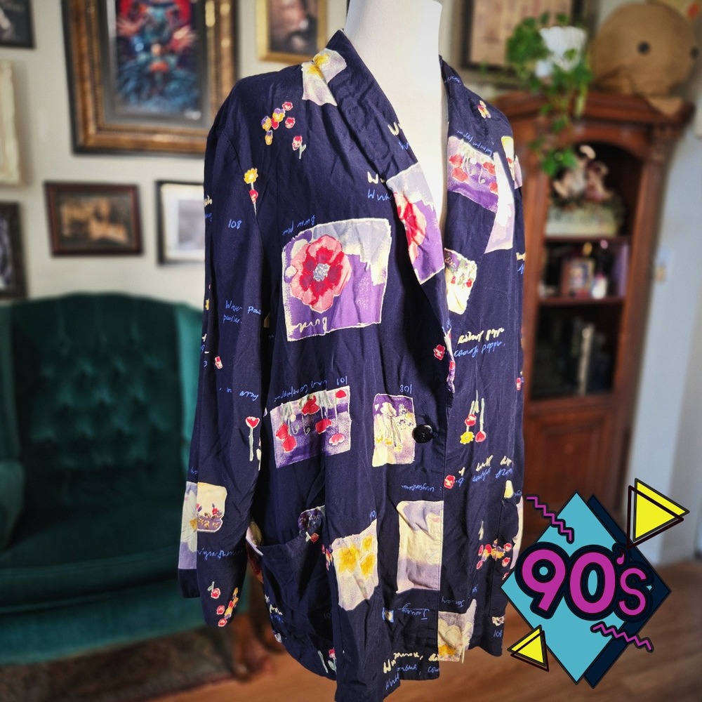David Paul Blazer Vintage 90s Navy Blue Floral Script Art Print Jacket Womens XL